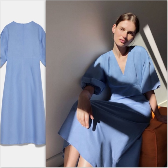 💧Zara Sky Blue Voluminous Rustic Dress NWT💧 - Picture 11 of 15